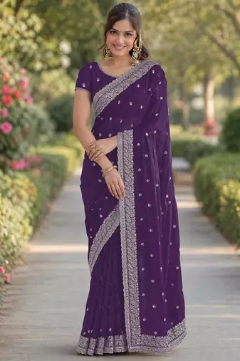 Purple georgette embroidery saree with unstitched blouse piece