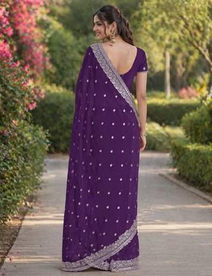 Purple georgette embroidery saree with unstitched blouse piece 4