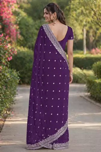 Purple georgette embroidery saree with unstitched blouse piece