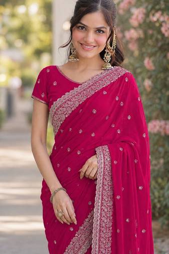 Pink soft georgette embroidery work designer party wear saree with unstitched blouse piece