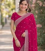 Pink georgette embroidery saree with unstitched blouse piece
