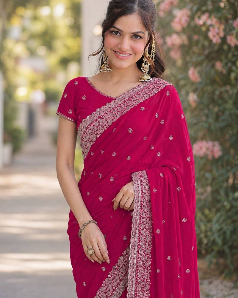 Pink soft georgette embroidery work designer party wear saree with unstitched blouse piece