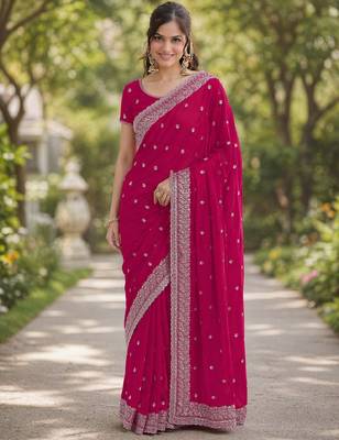 Pink georgette embroidery saree with unstitched blouse piece 3