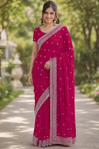 Pink georgette embroidery saree with unstitched blouse piece