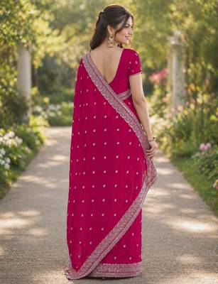 Pink georgette embroidery saree with unstitched blouse piece 4