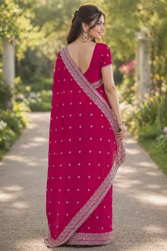 Pink georgette embroidery saree with unstitched blouse piece