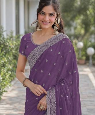 Lavender georgette embroidery saree with unstitched blouse piece 1