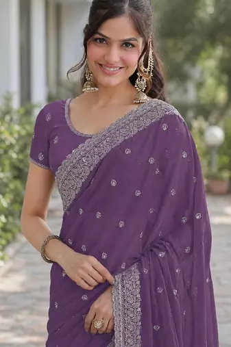 Lavender soft georgette embroidery work designer party wear saree with unstitched blouse piece