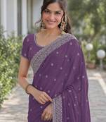 Lavender soft georgette embroidery work designer party wear saree with unstitched blouse piece