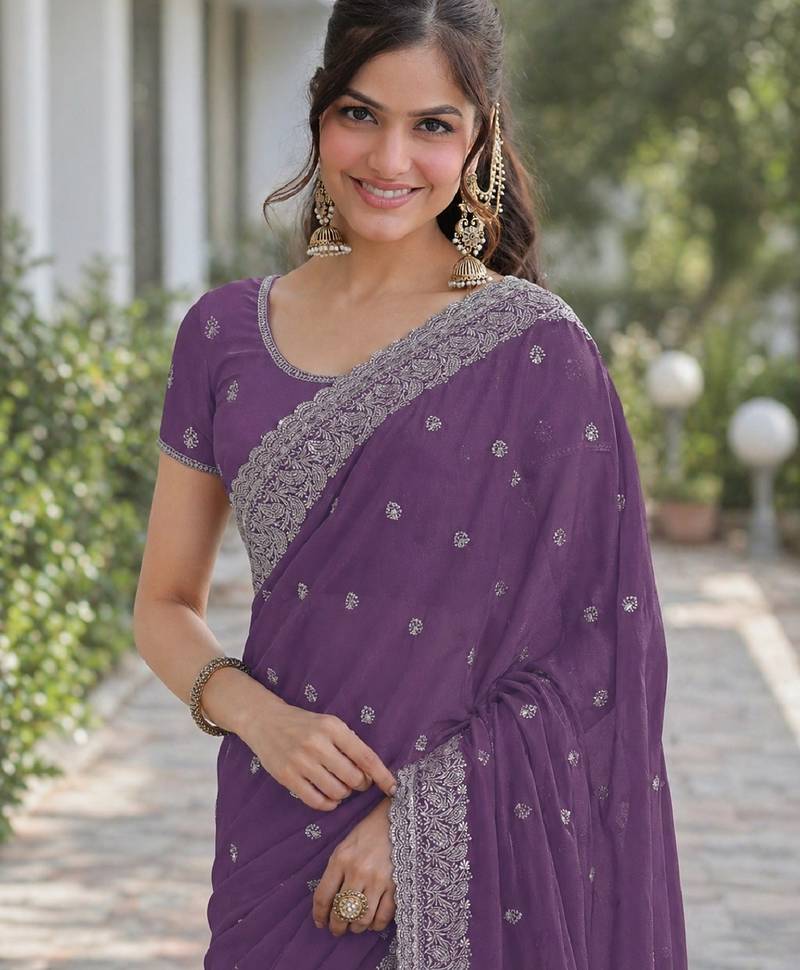 Lavender soft georgette embroidery work designer party wear saree with unstitched blouse piece