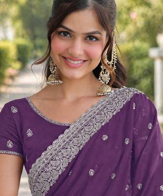 Lavender georgette embroidery saree with unstitched blouse piece 2