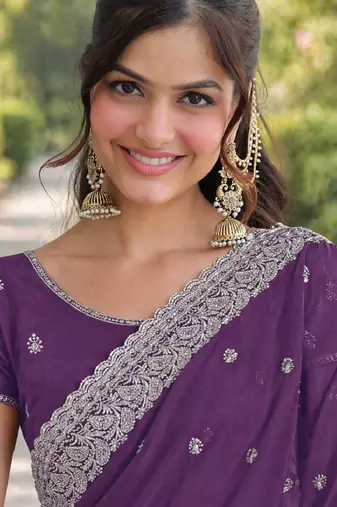 Lavender georgette embroidery saree with unstitched blouse piece
