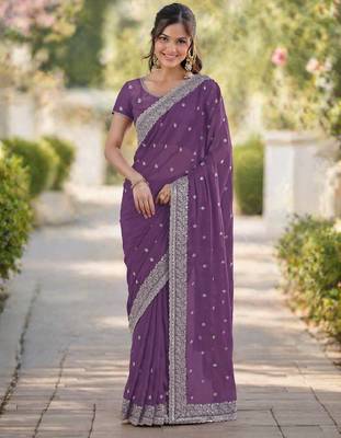 Lavender georgette embroidery saree with unstitched blouse piece 3