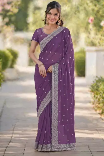 Lavender georgette embroidery saree with unstitched blouse piece
