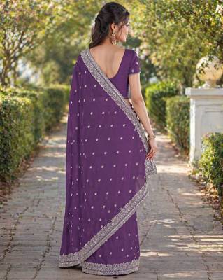 Lavender georgette embroidery saree with unstitched blouse piece 4