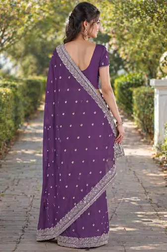 Lavender georgette embroidery saree with unstitched blouse piece