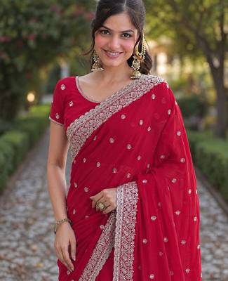 Rani pink georgette embroidery saree with unstitched blouse piece 1