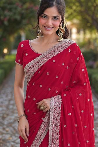 Rani pink soft georgette embroidery work designer party wear saree with unstitched blouse piece