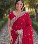 Rani pink georgette embroidery saree with unstitched blouse piece