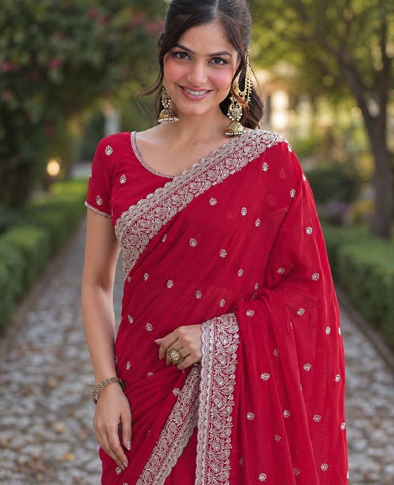 Rani pink soft georgette embroidery work designer party wear saree with unstitched blouse piece