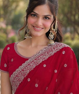 Rani pink georgette embroidery saree with unstitched blouse piece 2