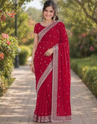 Rani pink georgette embroidery saree with unstitched blouse piece 3