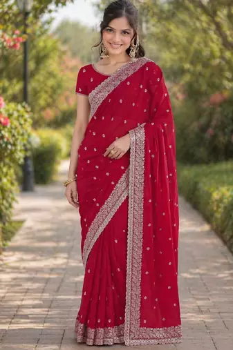 Rani pink georgette embroidery saree with unstitched blouse piece