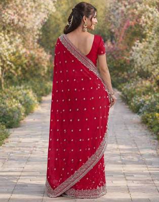 Rani pink georgette embroidery saree with unstitched blouse piece 4