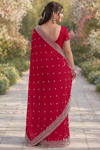 Rani pink georgette embroidery saree with unstitched blouse piece