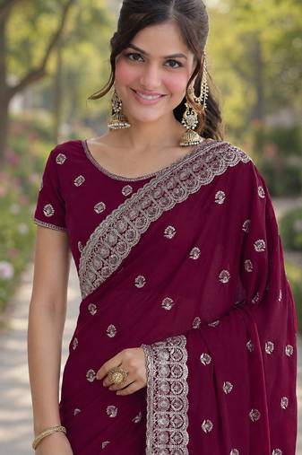 Wine soft georgette embroidery work designer party wear saree with unstitched blouse piece