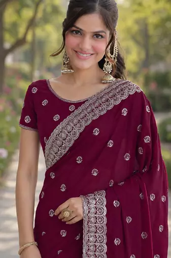 Wine soft georgette embroidery work designer party wear saree with unstitched blouse piece