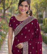 Wine georgette embroidery saree with unstitched blouse piece