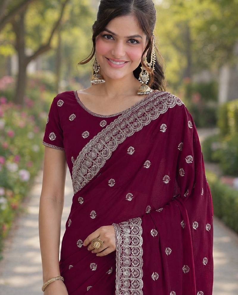 Wine soft georgette embroidery work designer party wear saree with unstitched blouse piece