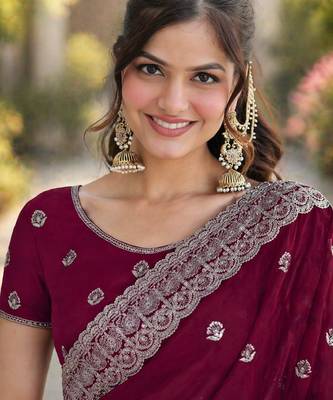 Wine georgette embroidery saree with unstitched blouse piece 2