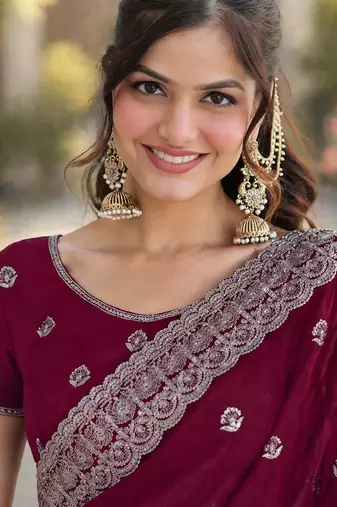 Wine georgette embroidery saree with unstitched blouse piece