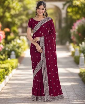 Wine georgette embroidery saree with unstitched blouse piece 3