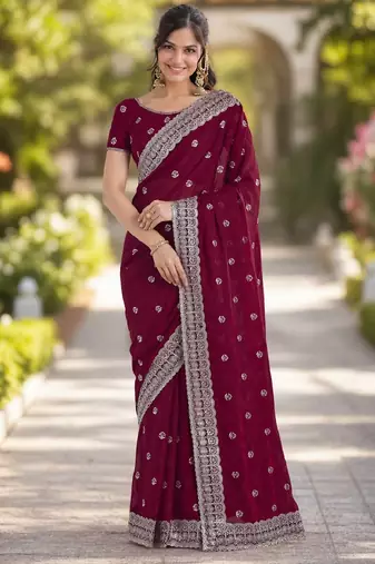 Wine georgette embroidery saree with unstitched blouse piece