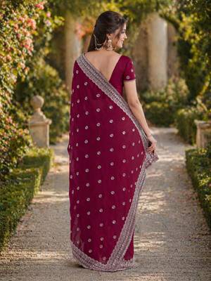 Wine georgette embroidery saree with unstitched blouse piece 4