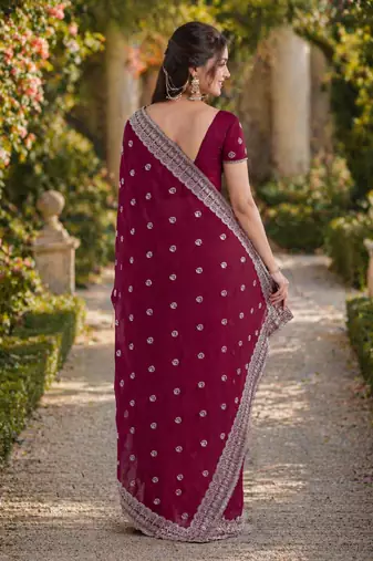 Wine georgette embroidery saree with unstitched blouse piece