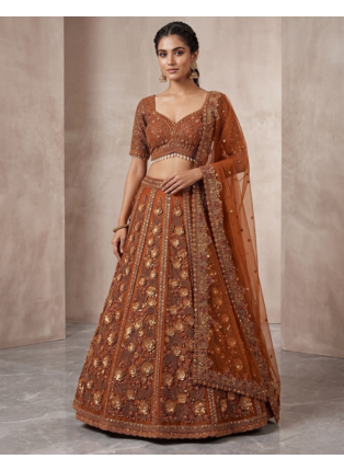 brown net lehenga set with zardozi sequins work 1