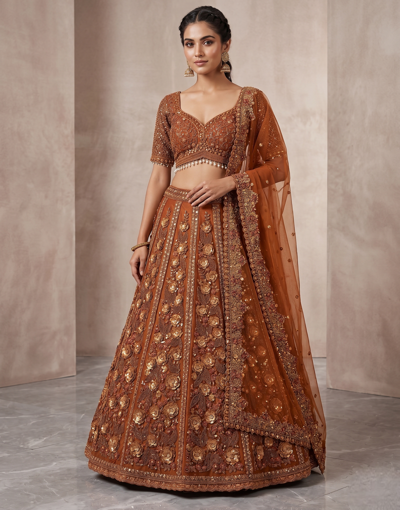 Brown Net Zardosi & Sequin Embroidered Lehenga Set