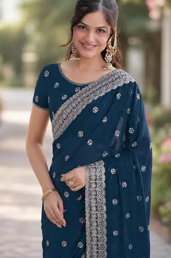 Morpich soft georgette embroidery work designer party wear saree with unstitched blouse piece