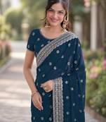 Morpich georgette embroidery saree with unstitched blouse piece