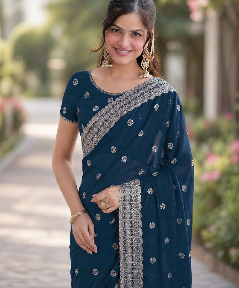 Morpich soft georgette embroidery work designer party wear saree with unstitched blouse piece
