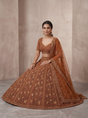 brown net lehenga set with zardozi sequins work 3