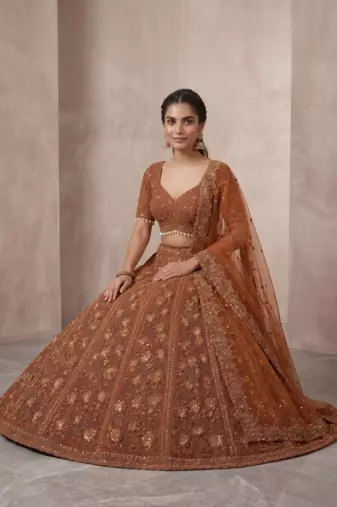 brown net lehenga set with zardozi sequins work