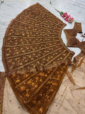 brown net lehenga set with zardozi sequins work 4