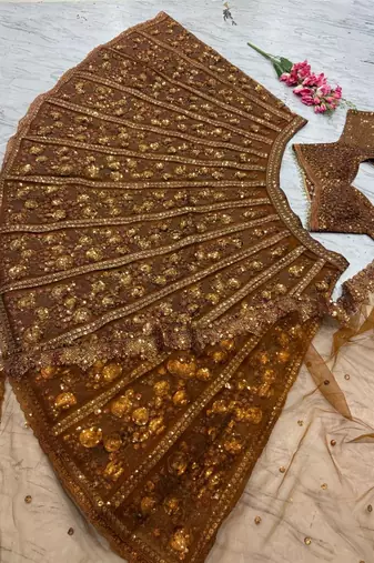 brown net lehenga set with zardozi sequins work