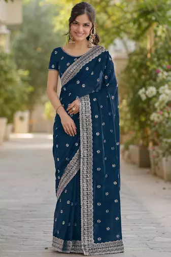 Morpich georgette embroidery saree with unstitched blouse piece