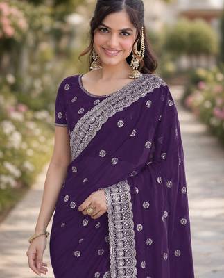 Purple georgette embroidery saree with unstitched blouse piece 1